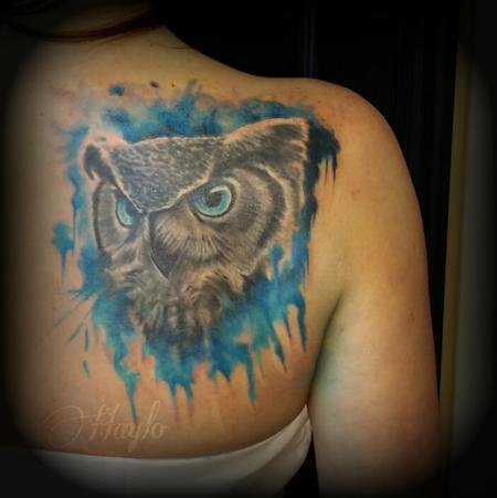 Tattoos - Cover up of Realistic Owl face with watercolor  - 102502